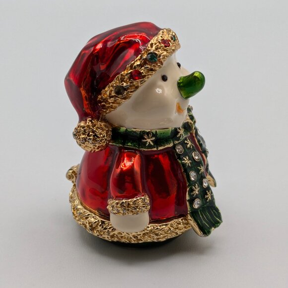 Snowman Jeweled Trinket Box Figurine with Santa Coat and Hat - Picture 2 of 8